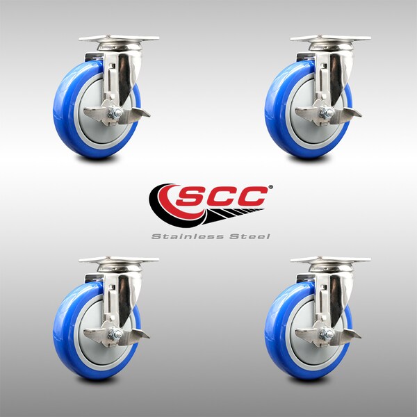 5 Inch 316SS Blue Polyurethane Wheel Swivel Top Plate Caster Set With Brake SCC